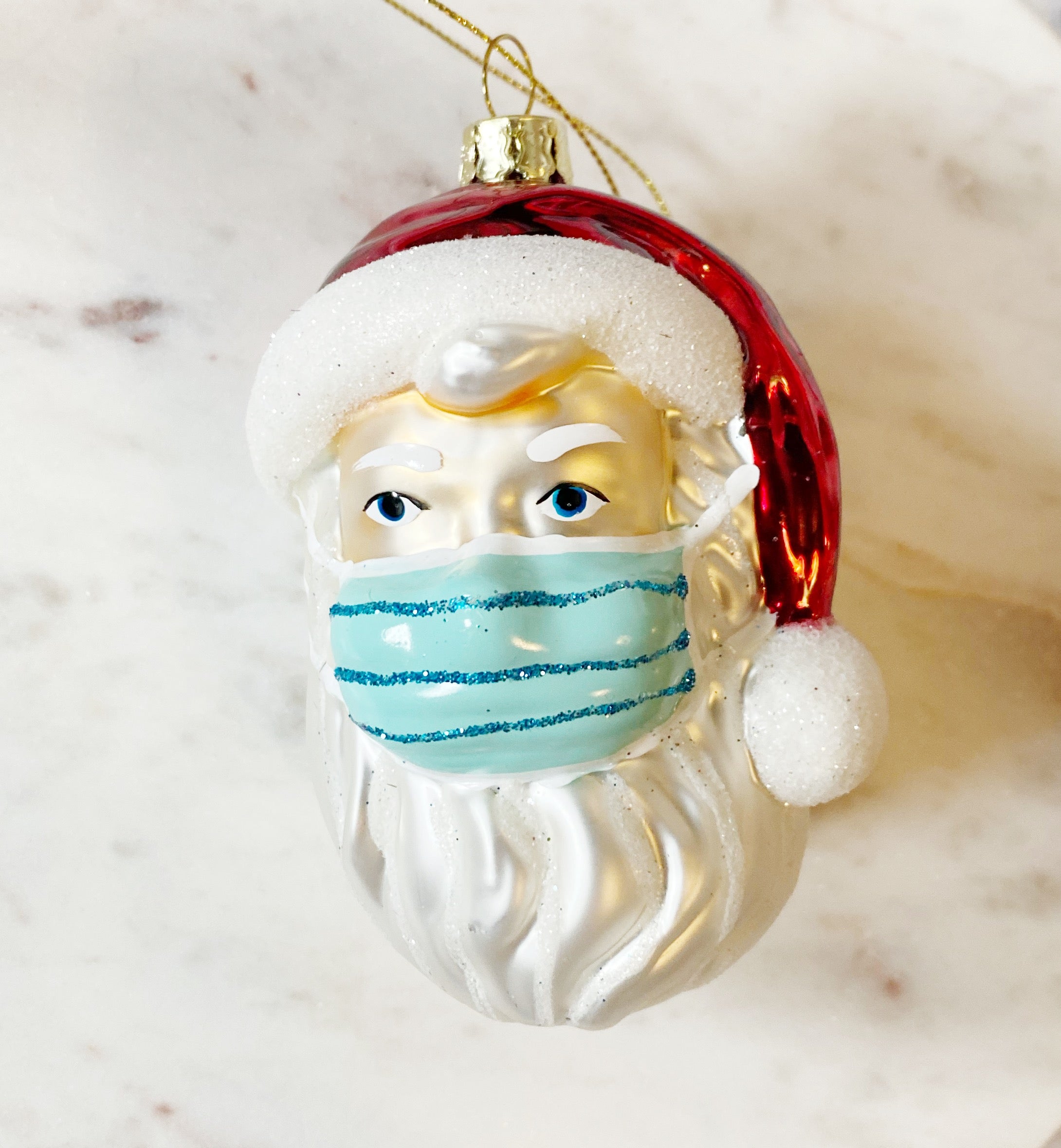 Santa with Striped Mask Glass Ornament